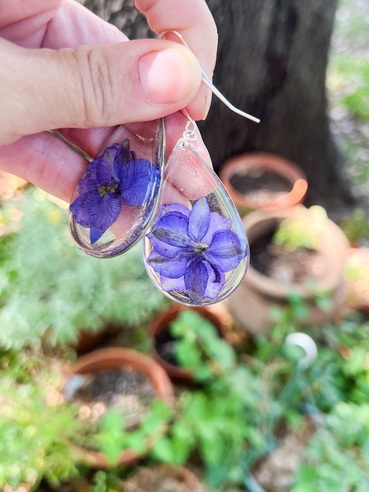 Pressed Larkspur earrings, botanical statement earrings, large real flower earrings, July birthflower