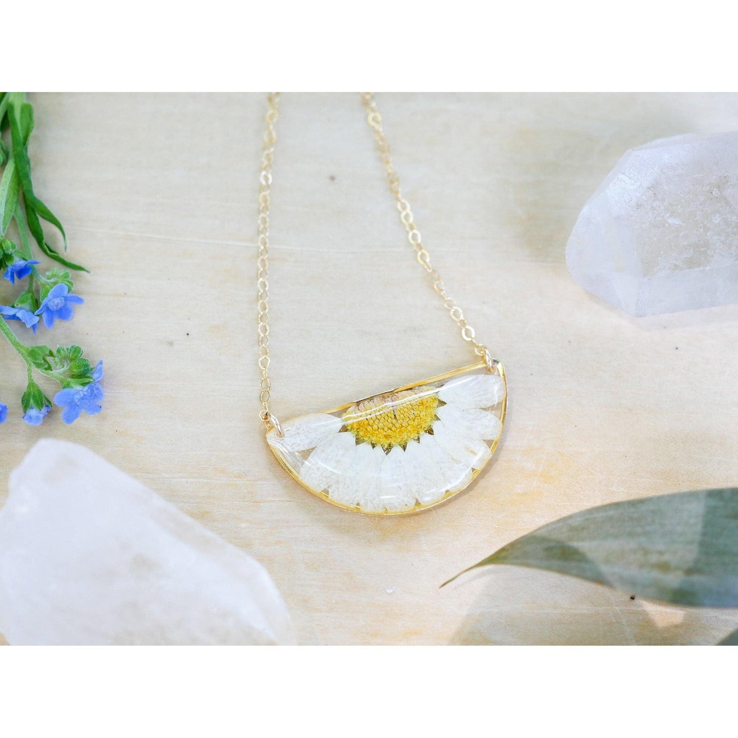 Pressed Daisy Necklace – Real Flower Half Moon Pendant – April Birth Flower Jewelry – Goldfill or Sterling Silver – Garden Daisy Gift