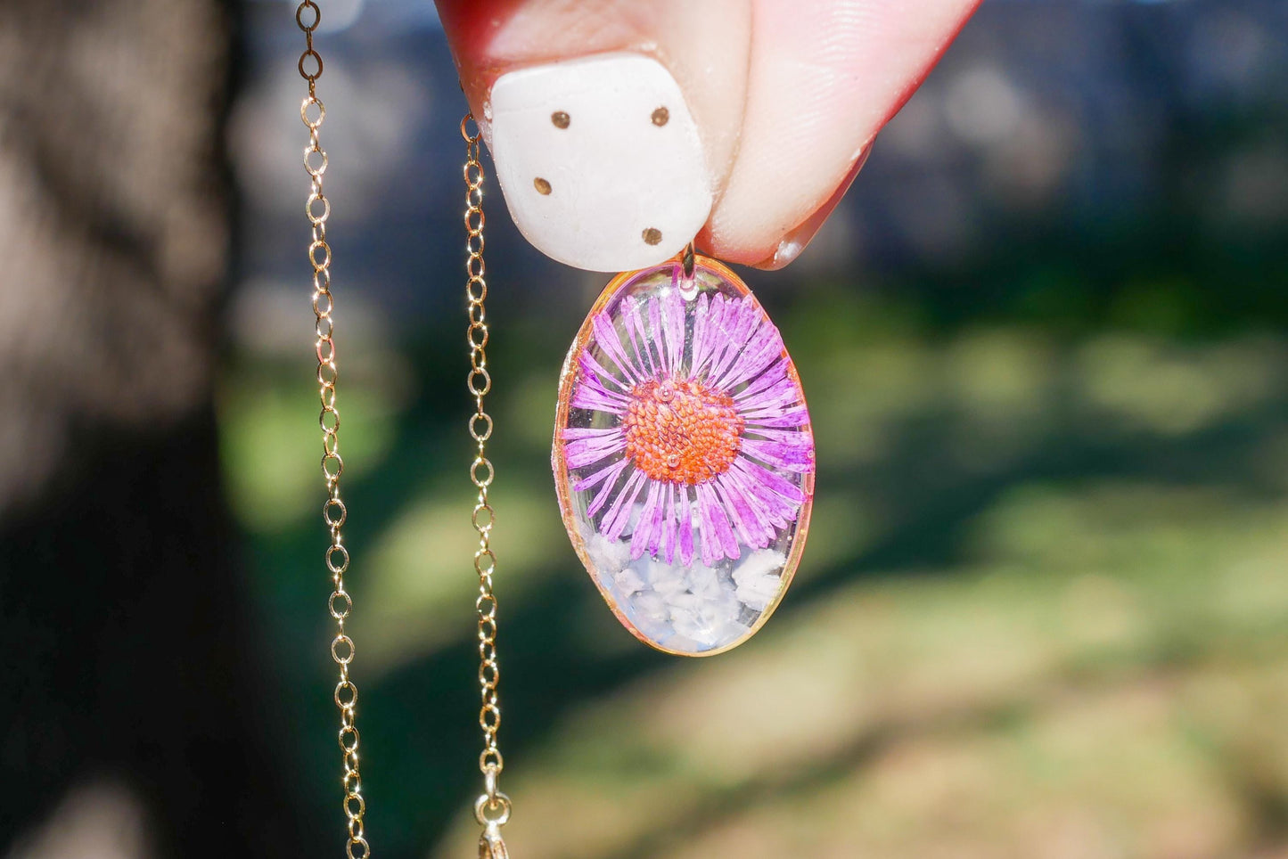 September birth flower and birthstone necklace. Crushed moonstone pressed aster, custom septum birthflower