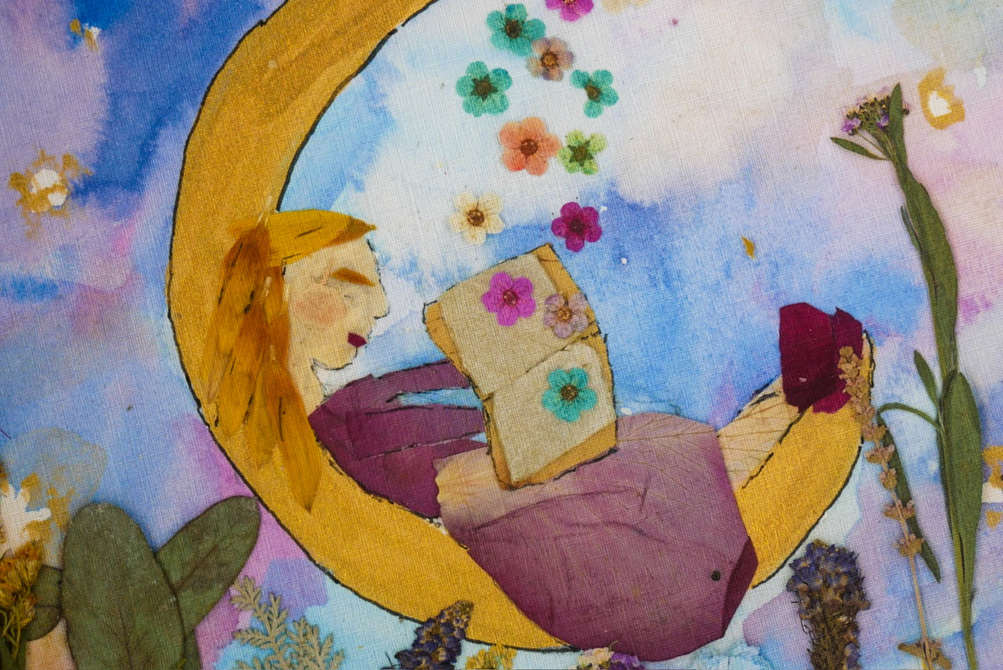 Pressed Flower Moon Reader Print - Girl Reading, Floral Design