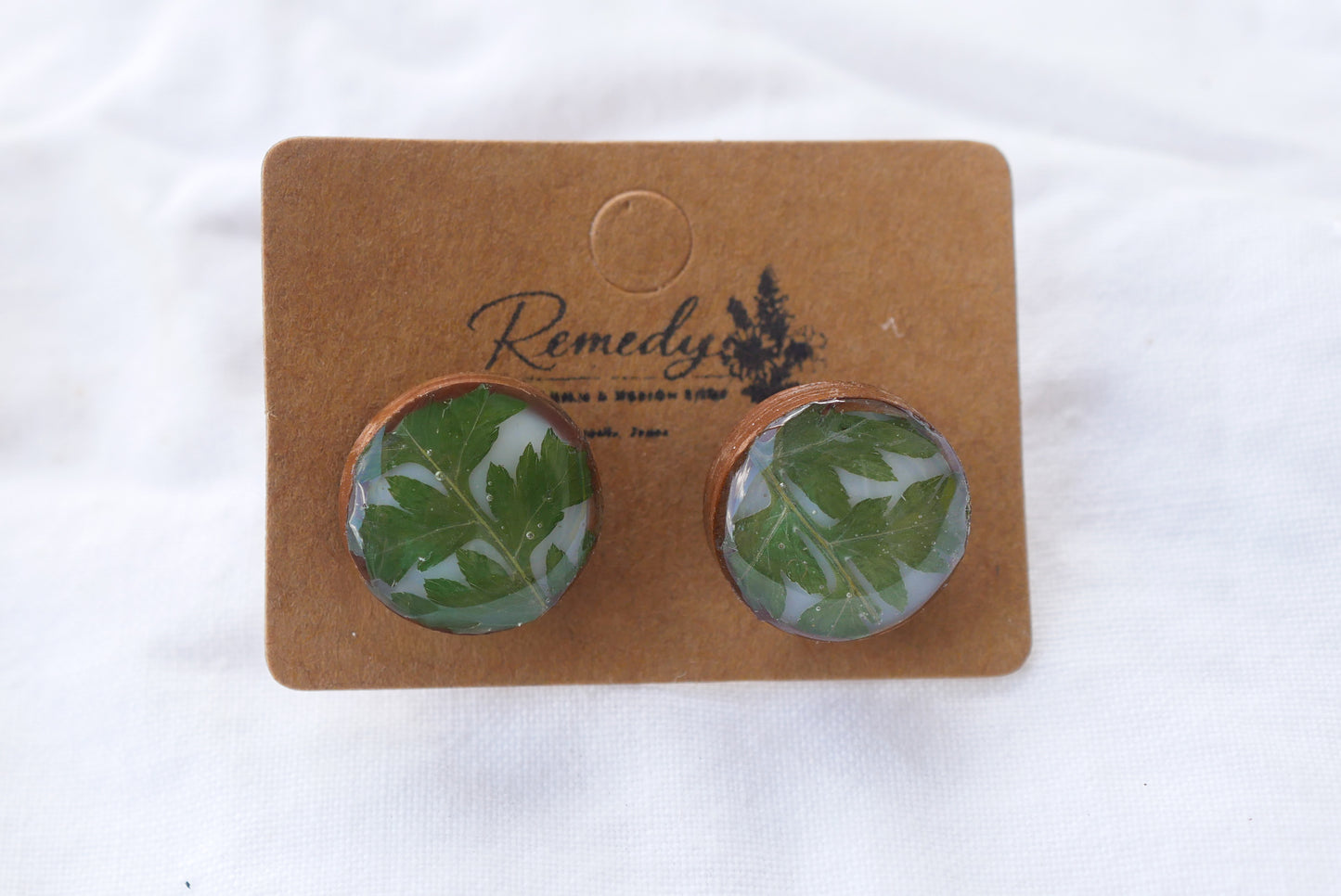 Tiny Pressed Fern & Wood Stud Earrings