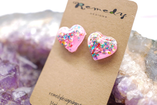 Pink Flower Confetti Heart Stud Earrings – Hypoallergenic, Metal-Free, Handmade with Real Flowers