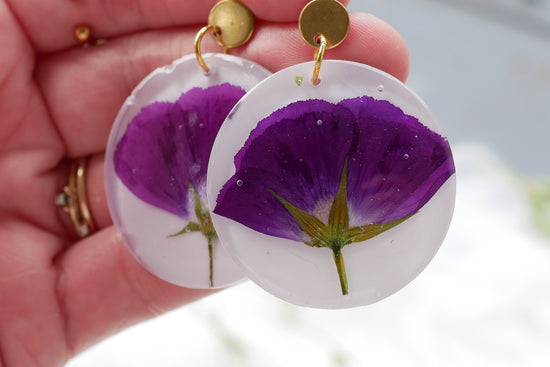 Pressed winecup Texas wildflower earrings