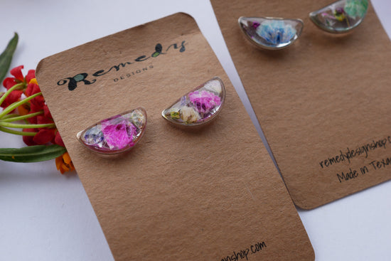 Dainty Pressed Flower Half-Moon Earrings – Real Rainbow Baby’s Breath – Gold or Silver – Lightweight Resin Earrings