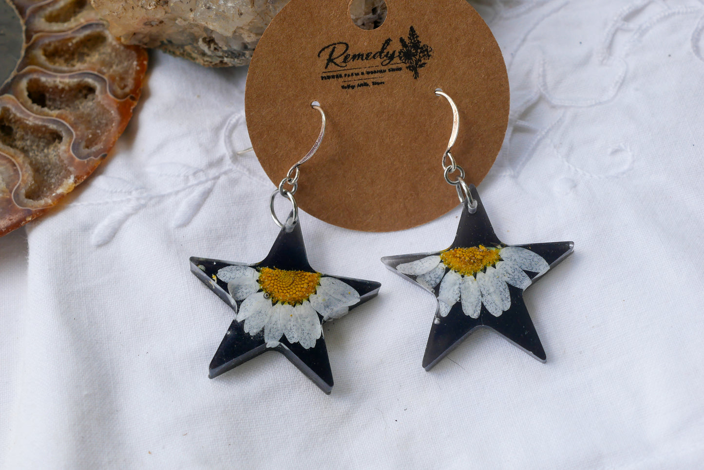 Black Daisy Star Dangle Earrings – Real Pressed Daisy Botanical Earrings – Celestial Statement Jewelry