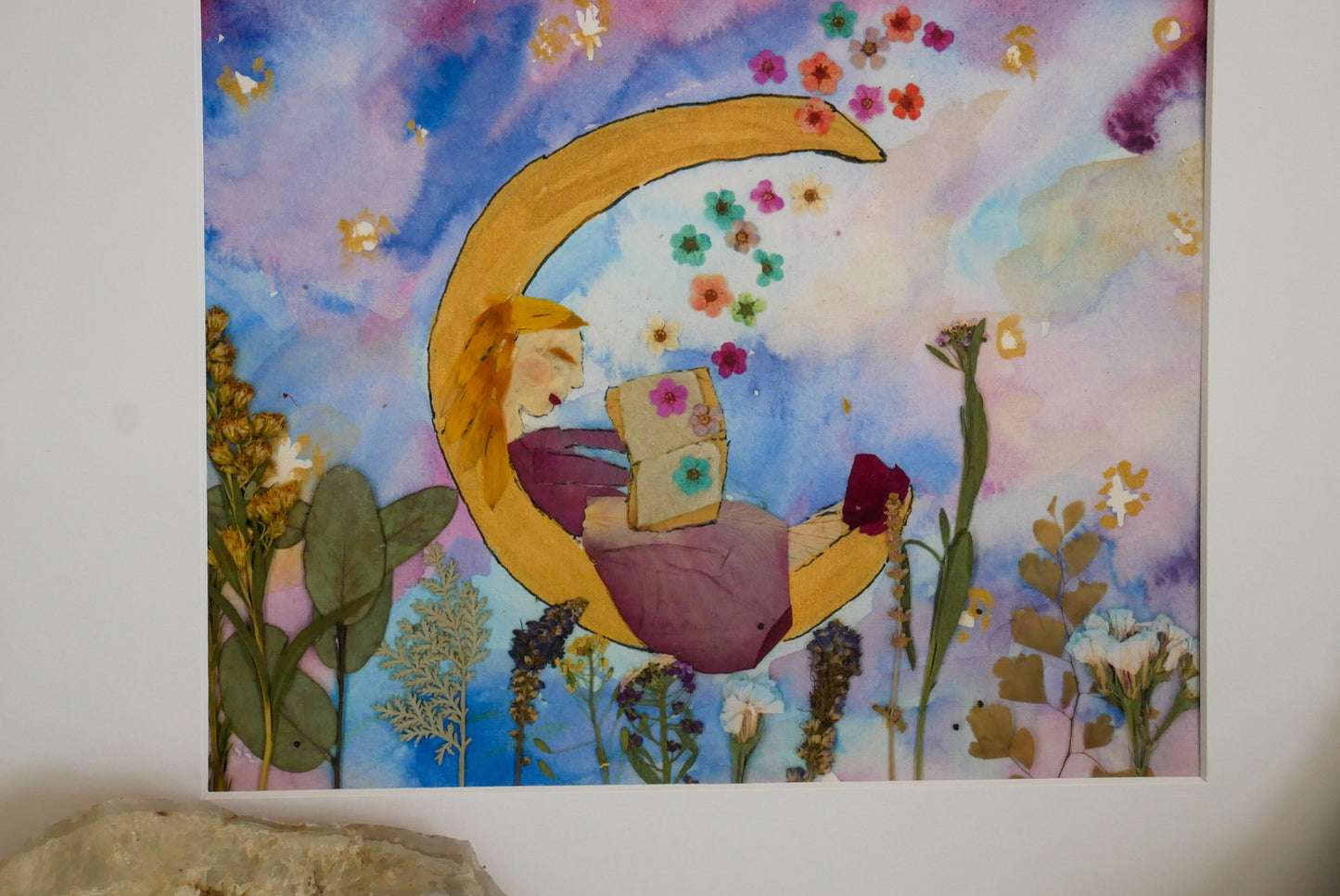 Pressed Flower Moon Reader Print - Girl Reading, Floral Design