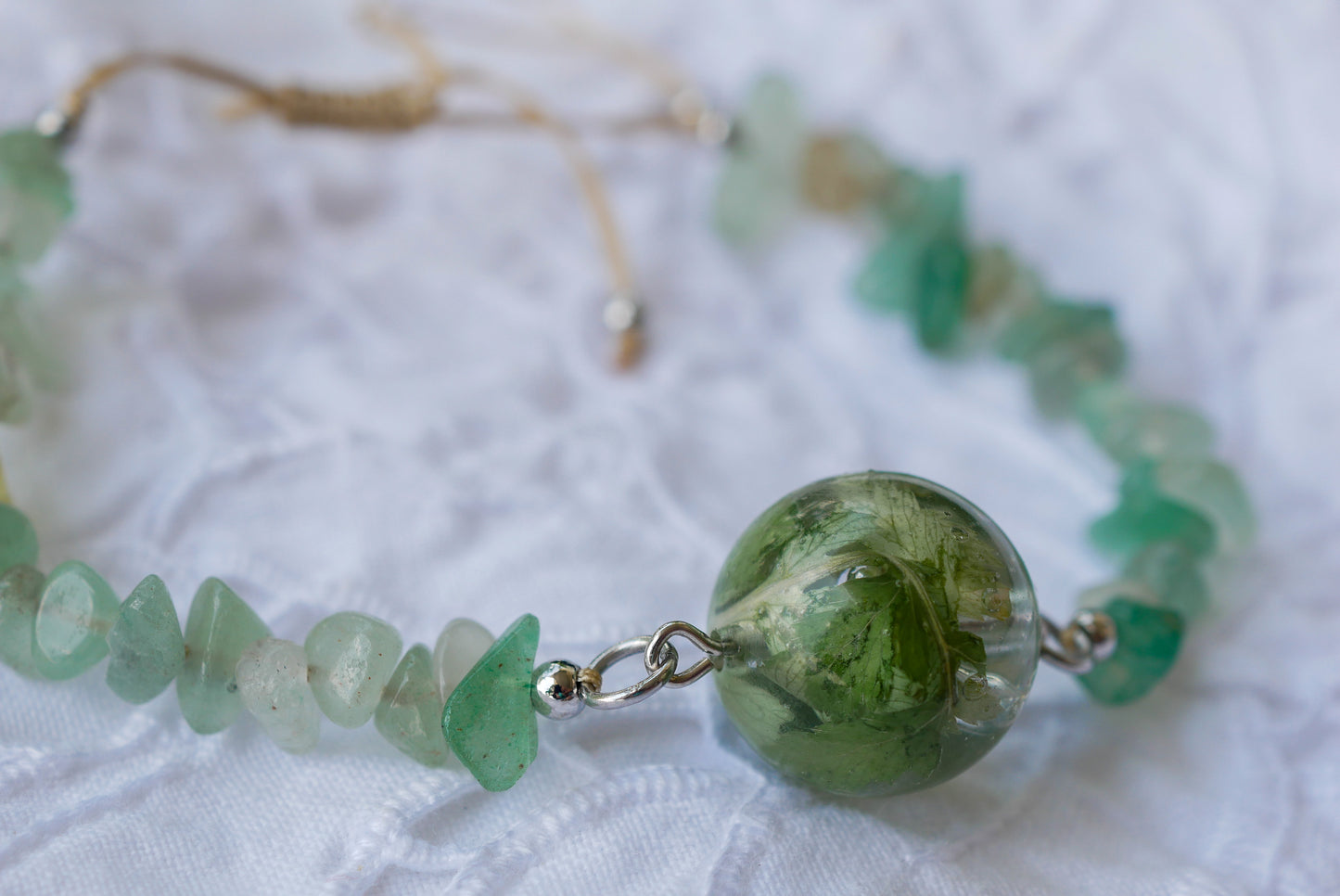 Green Aventurine & Moss Adjustable Bracelet – Real Moss Resin Bead – Nature-Inspired Gemstone Bracelet