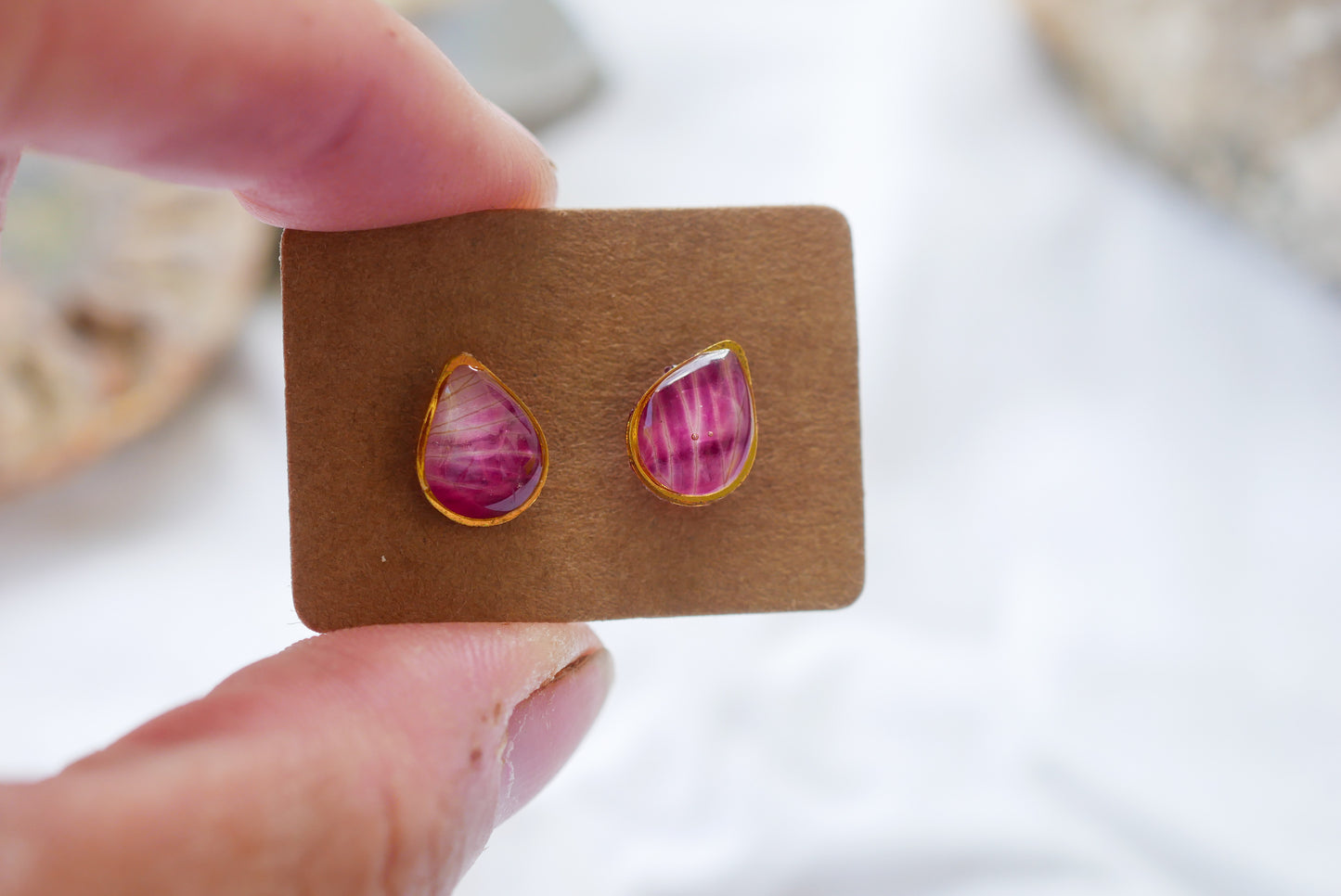 Tiny bright pink rose petal teardrop studs