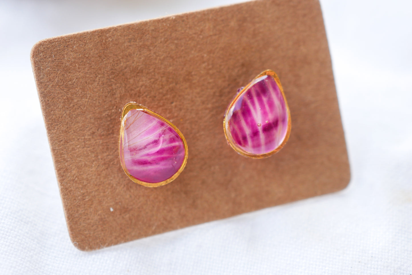 Tiny bright pink rose petal teardrop studs
