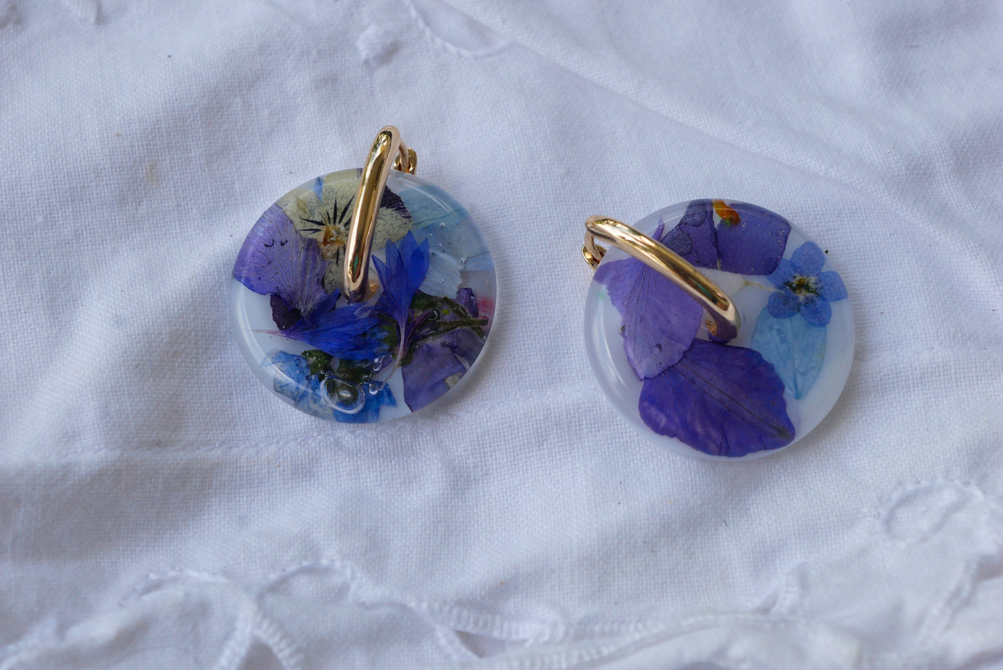 Blue Pressed Flower Disc Huggie Earrings – Gold Stainless Steel Floral Hoops – Real Flower Statement Earrings