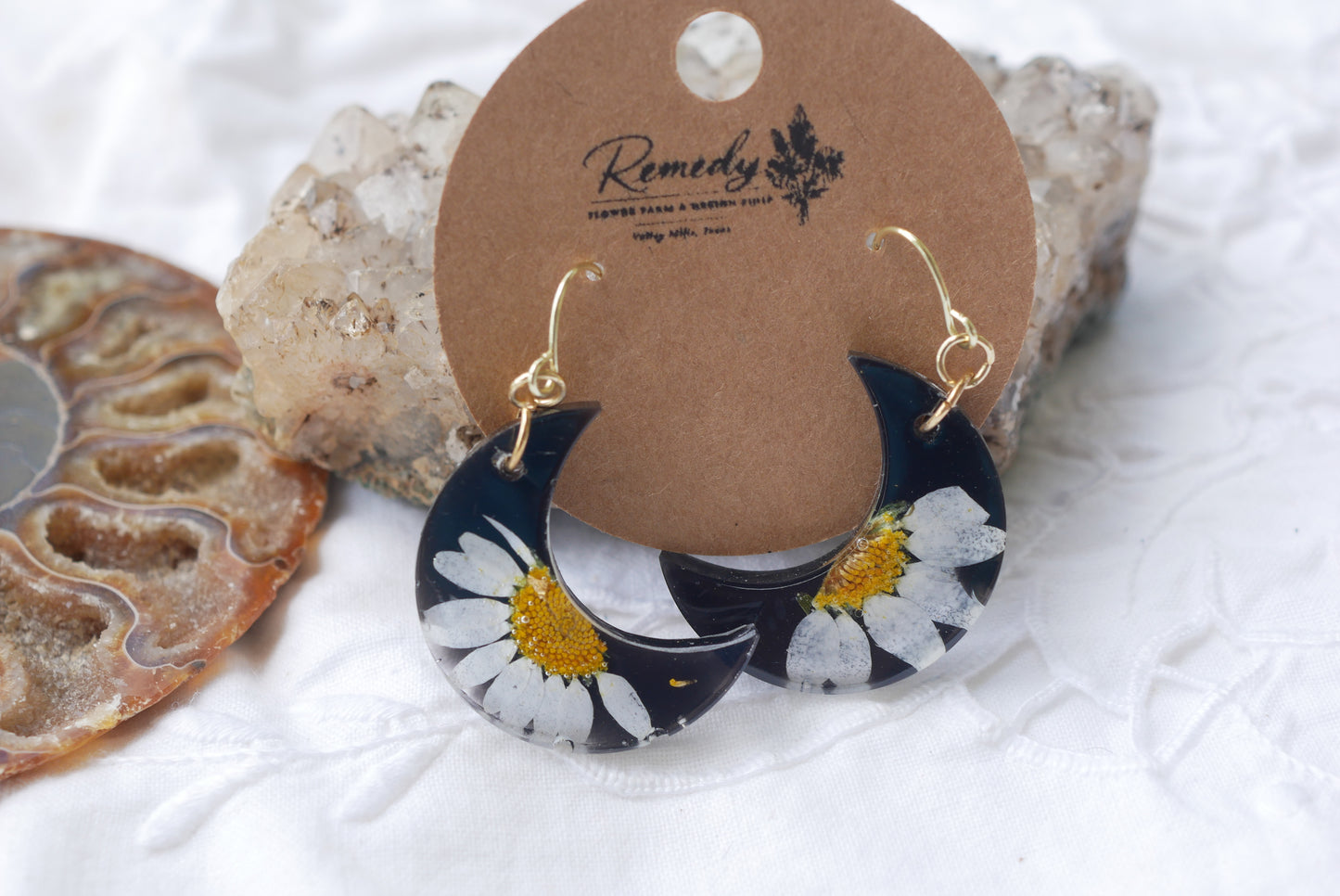 Black Daisy Moon Dangle Earrings – Real Pressed Daisy Botanical Earrings – Celestial Statement Jewelry