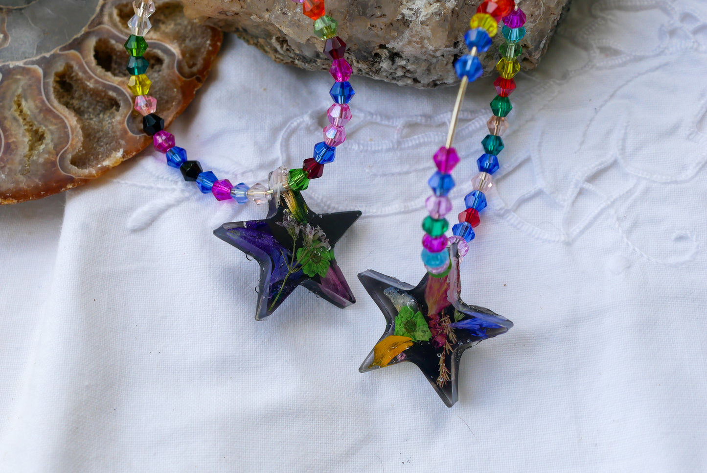 Rainbow Pressed Flower Black Star Hoop Earrings – 30mm Beaded Statement Hoops