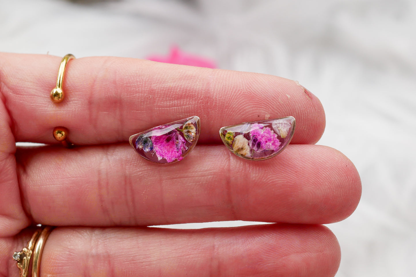 Dainty Pressed Flower Half-Moon Earrings – Real Rainbow Baby’s Breath – Gold or Silver – Lightweight Resin Earrings