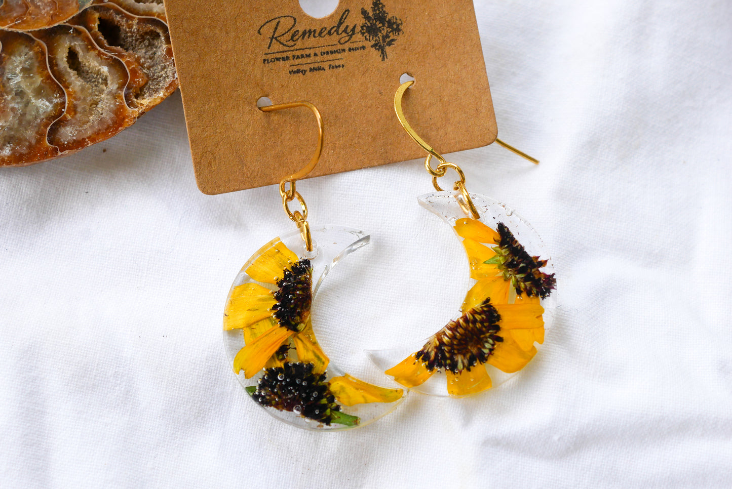 Pressed Black-Eyed Susan Moon Earrings