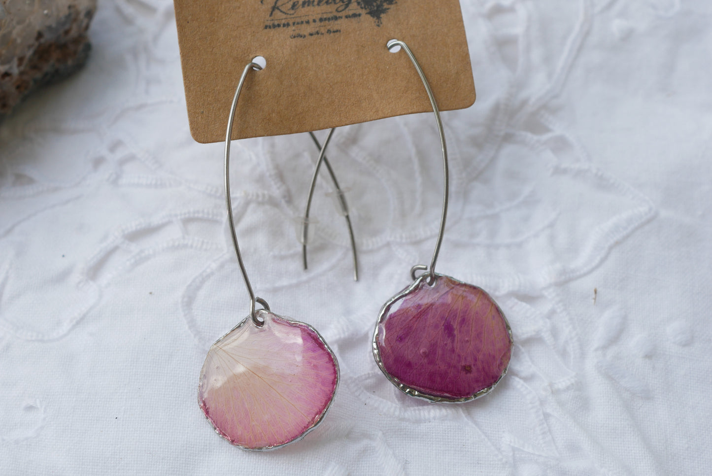 Pink Rose Petal Long Dangle Earrings – Real Pressed Rose Petal Botanical Earrings