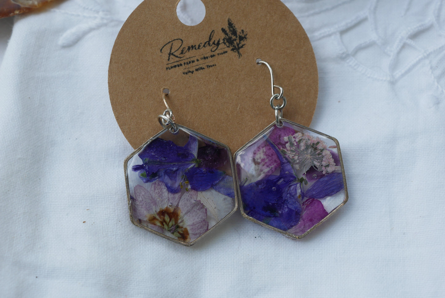 Purple & Pink Pressed Flower Hexagon Dangle Earrings – Real Botanical Fishhook Earrings