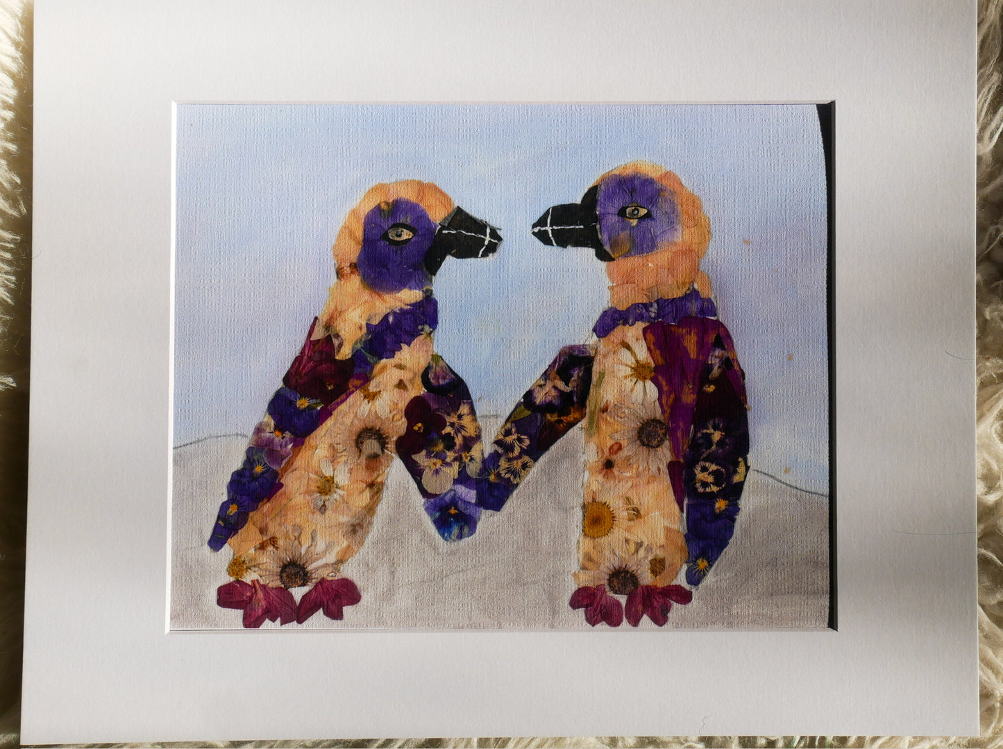 The image is a painting featuring two colorful birds, possibly parrots, sitting next to each other and facing each other.