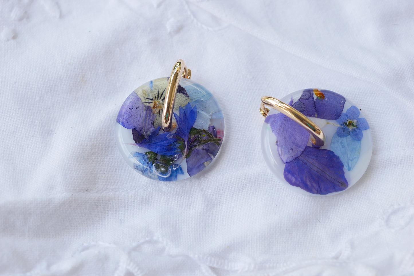 Blue Pressed Flower Disc Huggie Earrings – Gold Stainless Steel Floral Hoops – Real Flower Statement Earrings