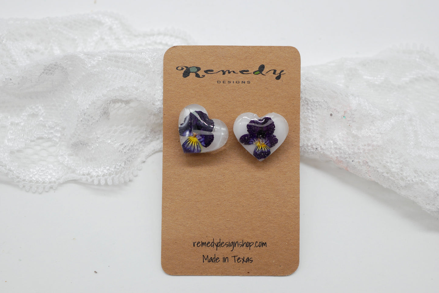 Tiny pansy heart stud earrings