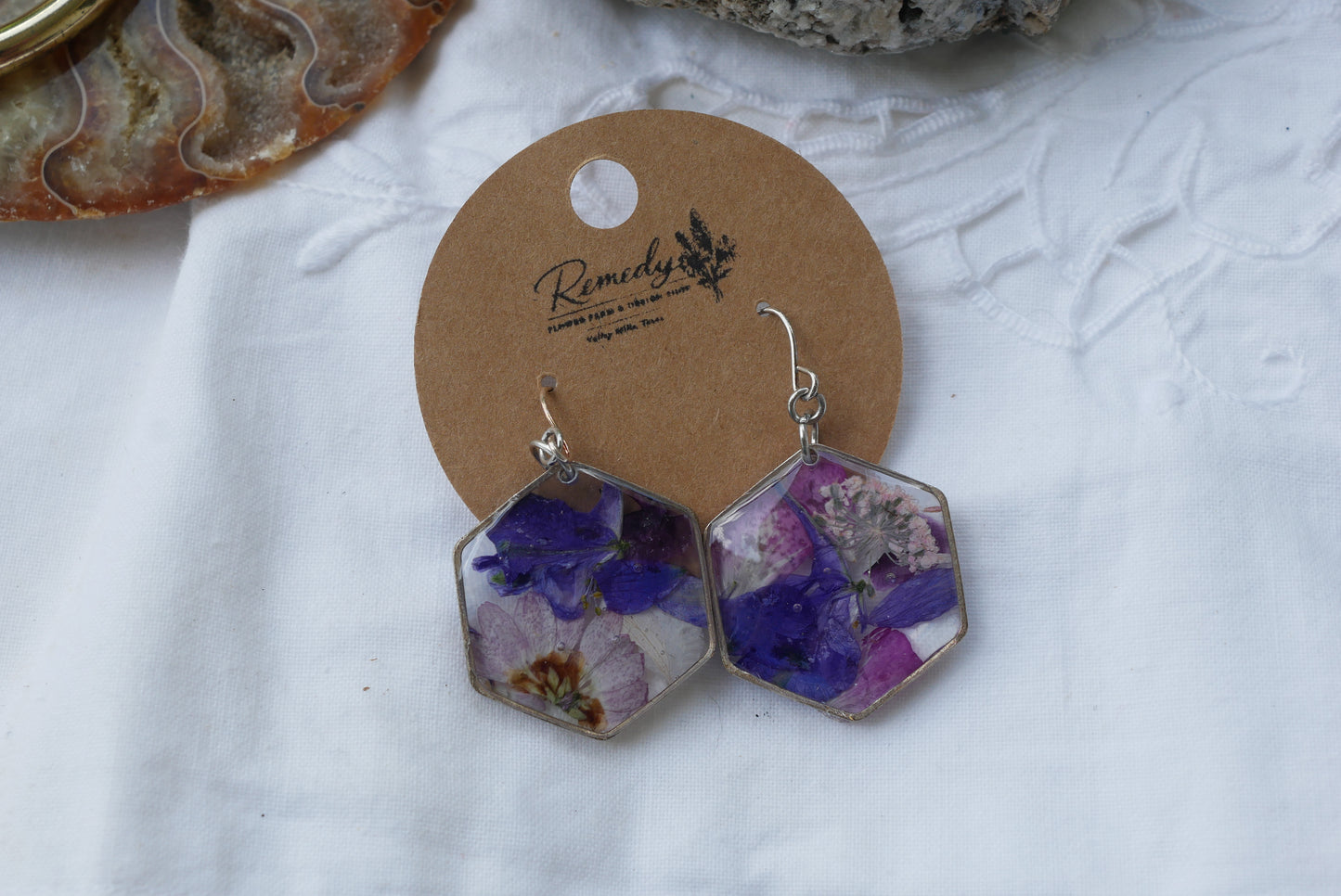 Purple & Pink Pressed Flower Hexagon Dangle Earrings – Real Botanical Fishhook Earrings