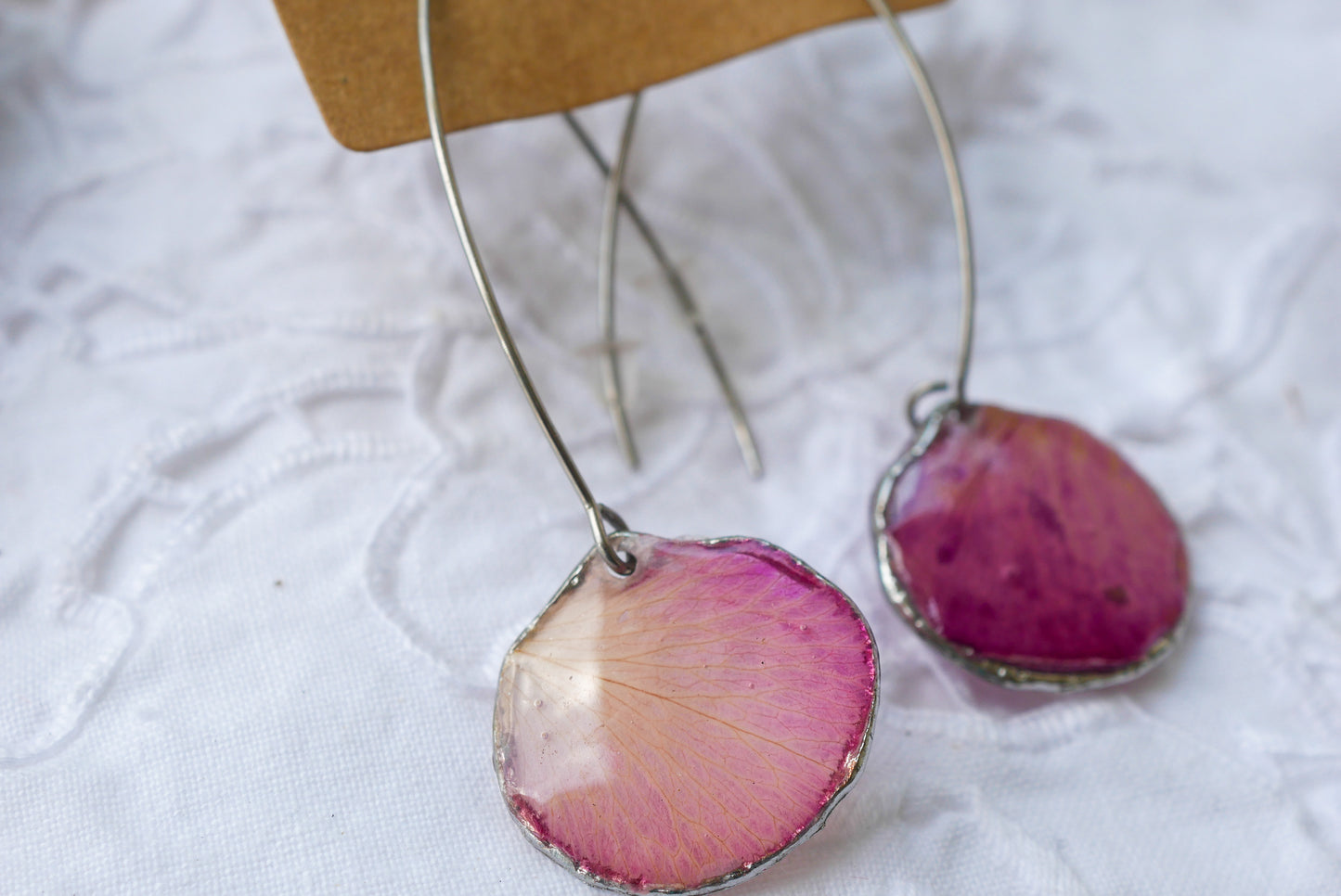 Pink Rose Petal Long Dangle Earrings – Real Pressed Rose Petal Botanical Earrings