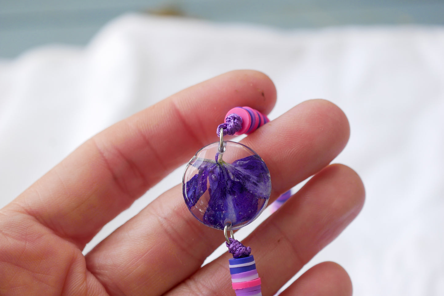 Purple Larkspur Beaded Adjustable Bracelet – Real Pressed Flower Bracelet – July Birth Flower Jewelry
