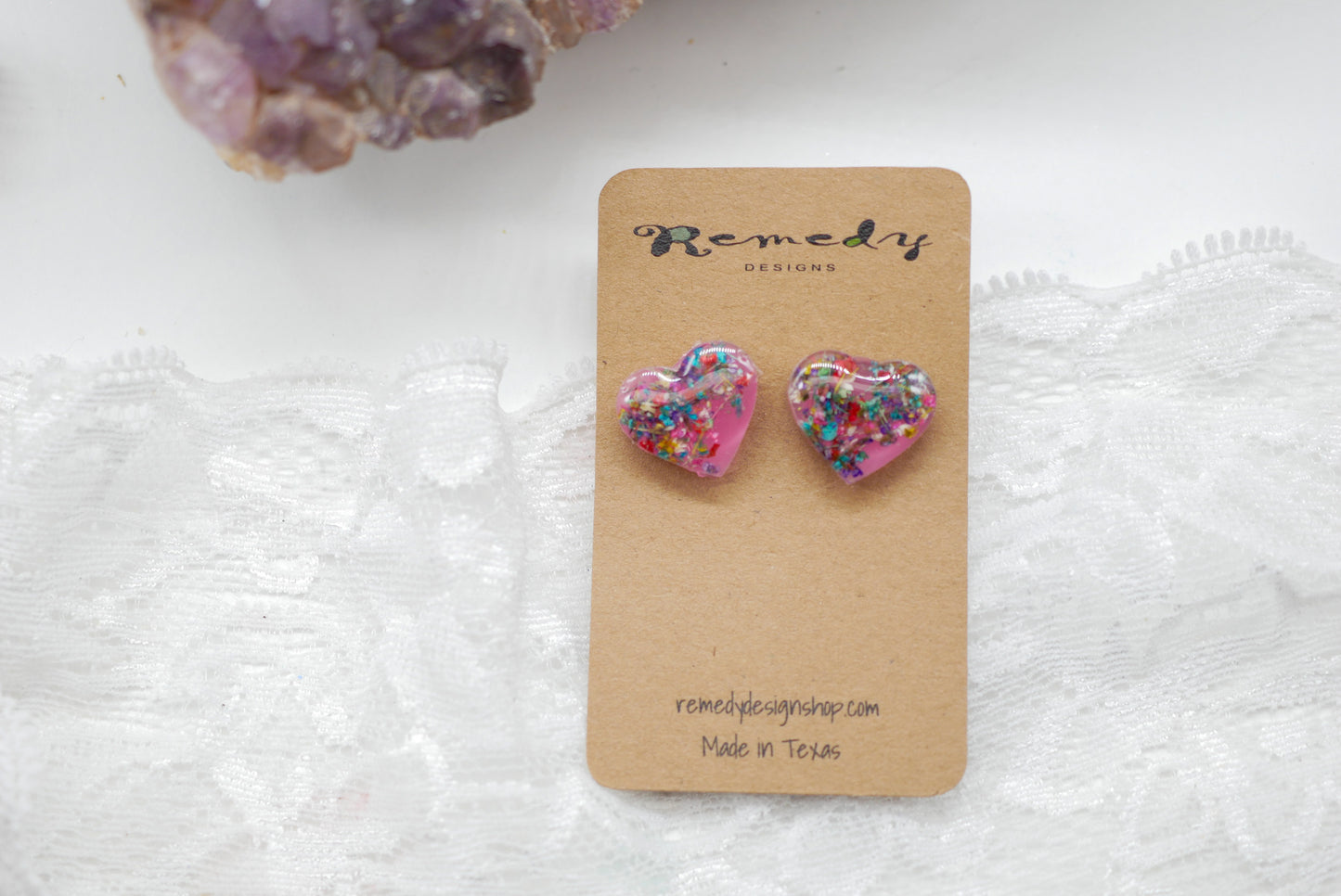 Pink Flower Confetti Heart Stud Earrings – Hypoallergenic, Metal-Free, Handmade with Real Flowers