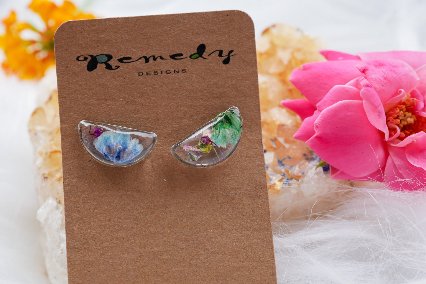 Dainty Pressed Flower Half-Moon Earrings – Real Rainbow Baby’s Breath – Gold or Silver – Lightweight Resin Earrings
