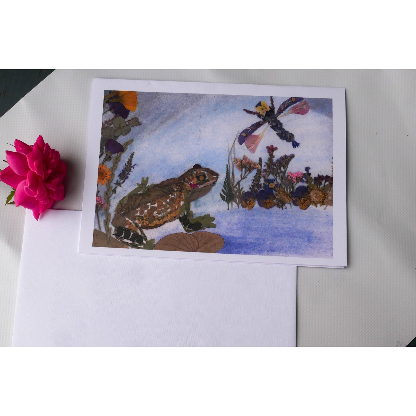 Pressed flower frog and dragonfly greeting card