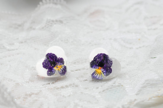 Tiny pansy heart stud earrings