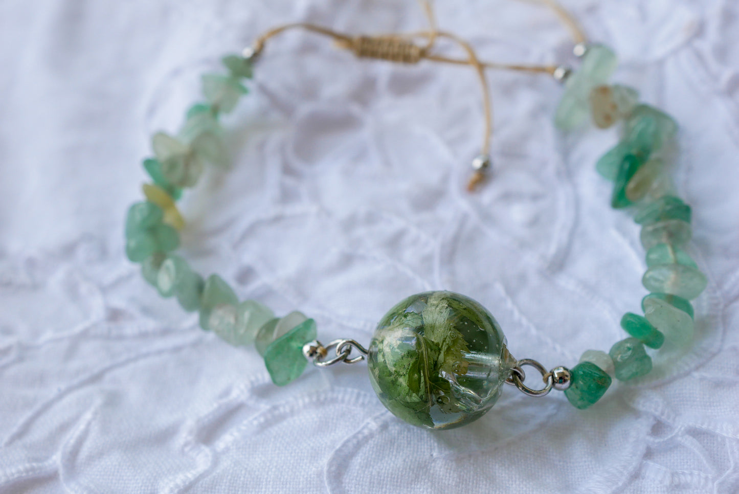 Green Aventurine & Moss Adjustable Bracelet – Real Moss Resin Bead – Nature-Inspired Gemstone Bracelet
