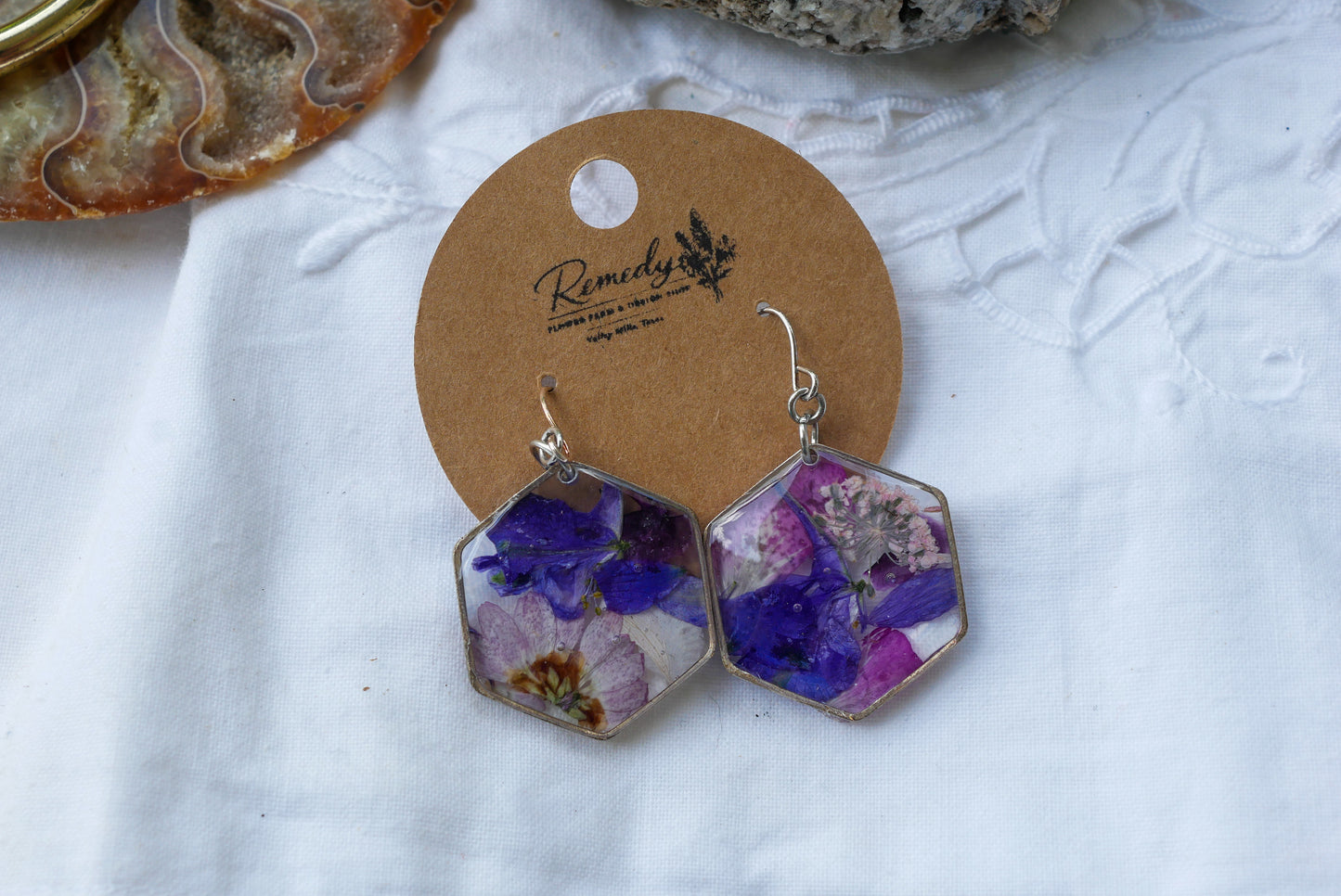 Purple & Pink Pressed Flower Hexagon Dangle Earrings – Real Botanical Fishhook Earrings