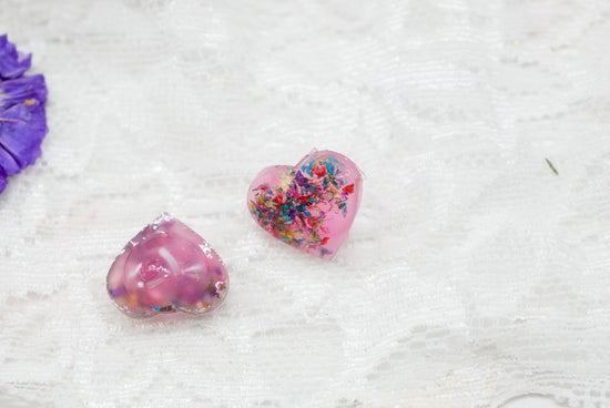 Pink Flower Confetti Heart Stud Earrings – Hypoallergenic, Metal-Free, Handmade with Real Flowers