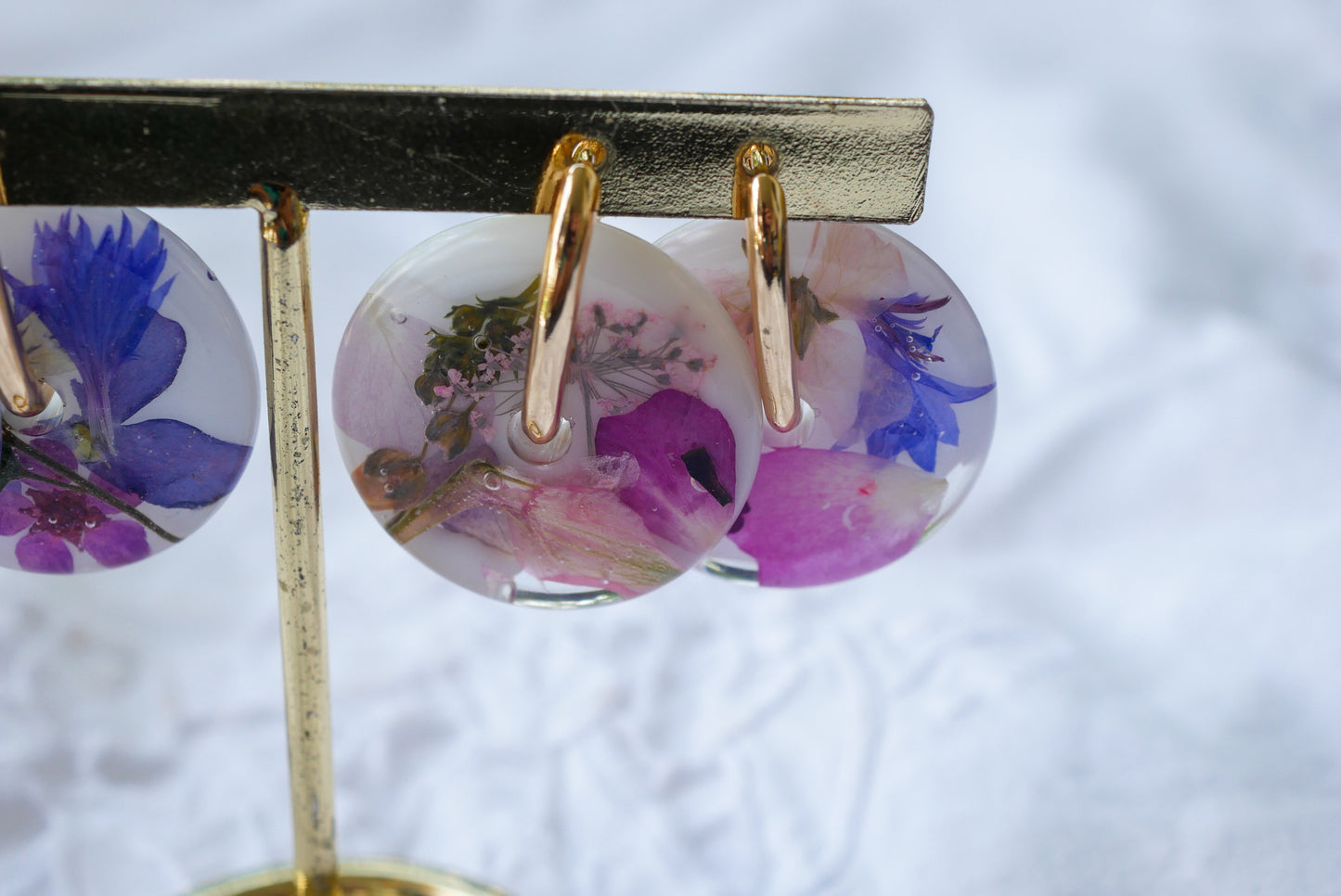 Pink Pressed Flower Disc Huggie Earrings – Gold Stainless Steel Floral Hoops – Real Flower Statement Earrings