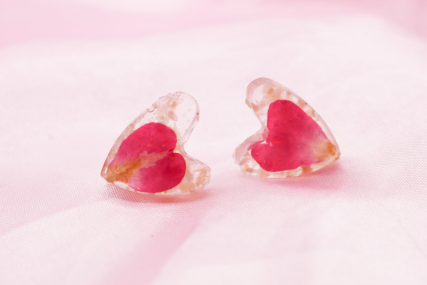 Rose petal and crushed mother of pearl heart stud earrings