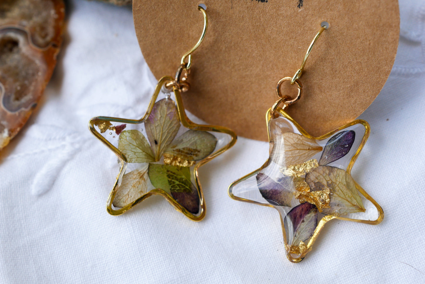 Antique Hydrangea & Gold Leaf Star Dangle Earrings – Gold Stainless Steel Botanical Earrings