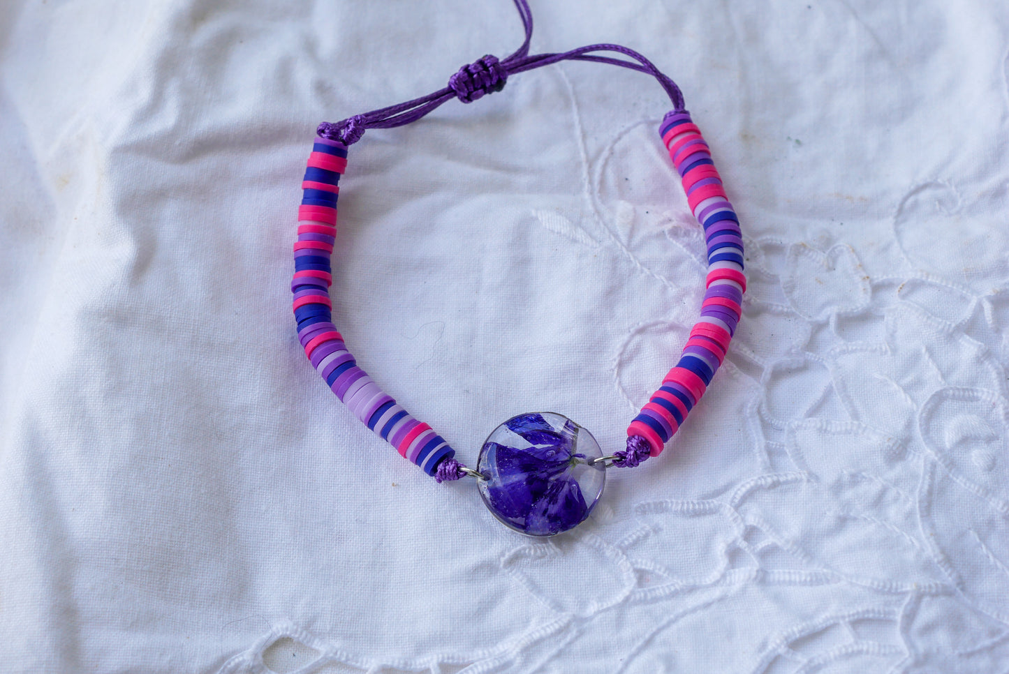 Purple Larkspur Beaded Adjustable Bracelet – Real Pressed Flower Bracelet – July Birth Flower Jewelry