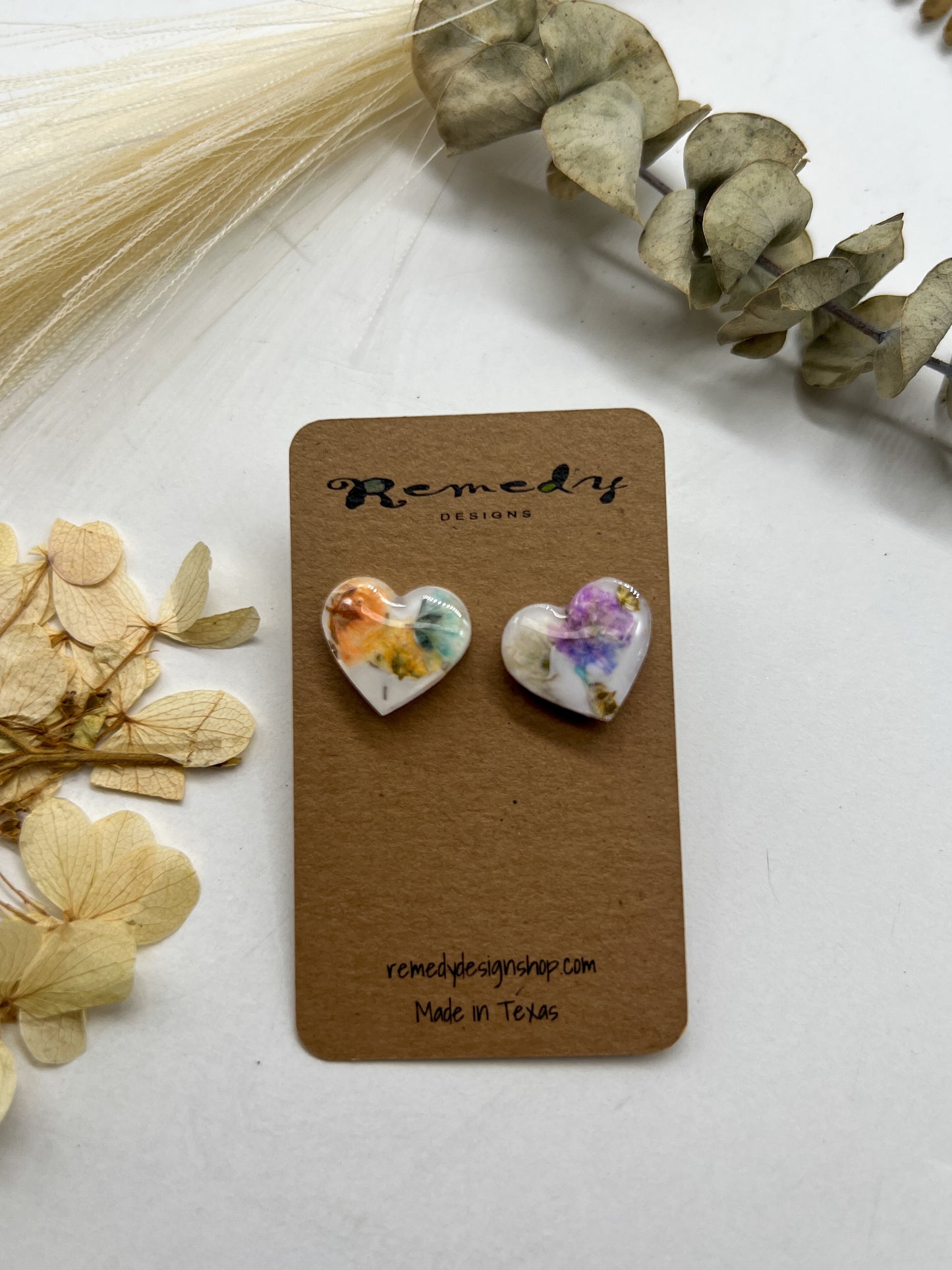 Rainbow baby's breath heart studs