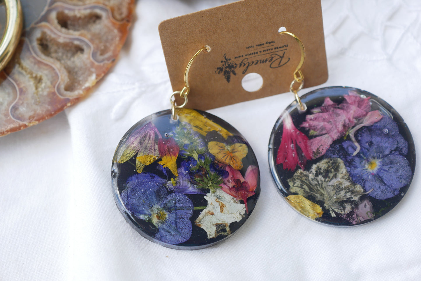 Large Black Pressed Flower Disc Earrings – Real Botanical Statement Earrings – Gold Circle Studs or Hooks