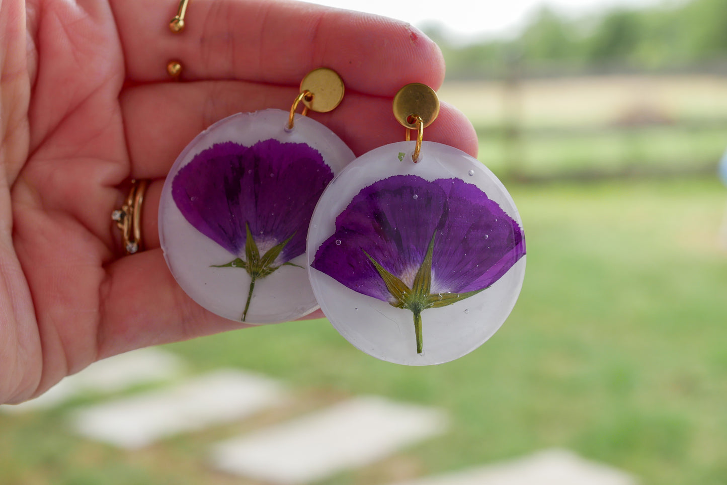 Pressed winecup Texas wildflower earrings