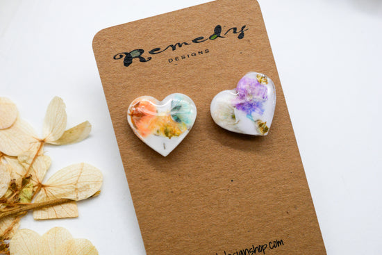 Tiny rainbow baby's breath heart studs