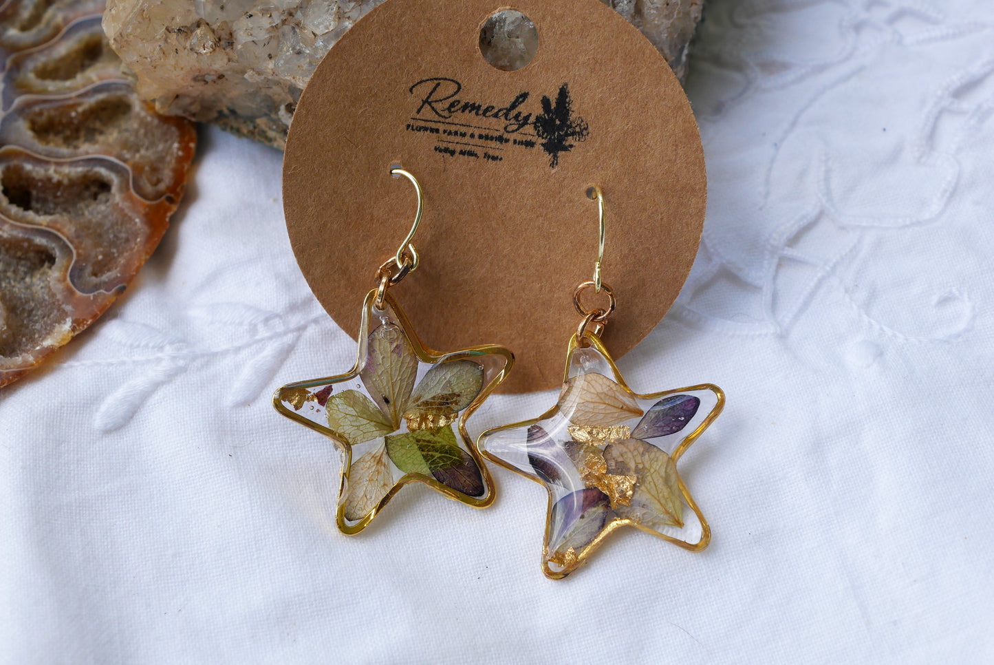 Antique Hydrangea & Gold Leaf Star Dangle Earrings – Gold Stainless Steel Botanical Earrings