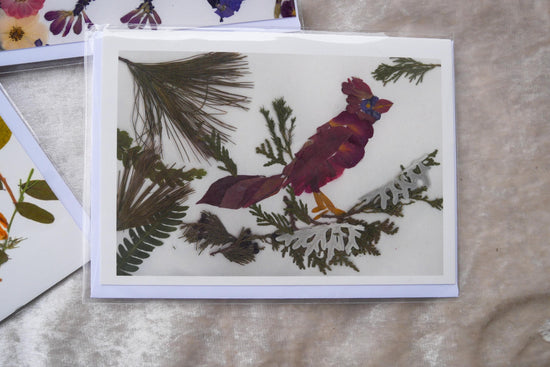 Cardinal greeting card made with pressed flowers , PRINT,  floral collage whimsical greeting card made with real flowers print, blank  card