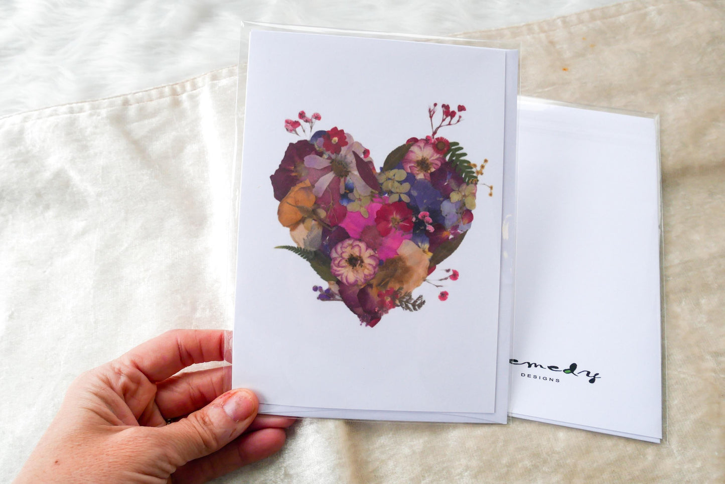 Pressed flower heart greeting card, PRINT,  floral collage heart, whimsical greeting card made with real flowers print, blank greeting card