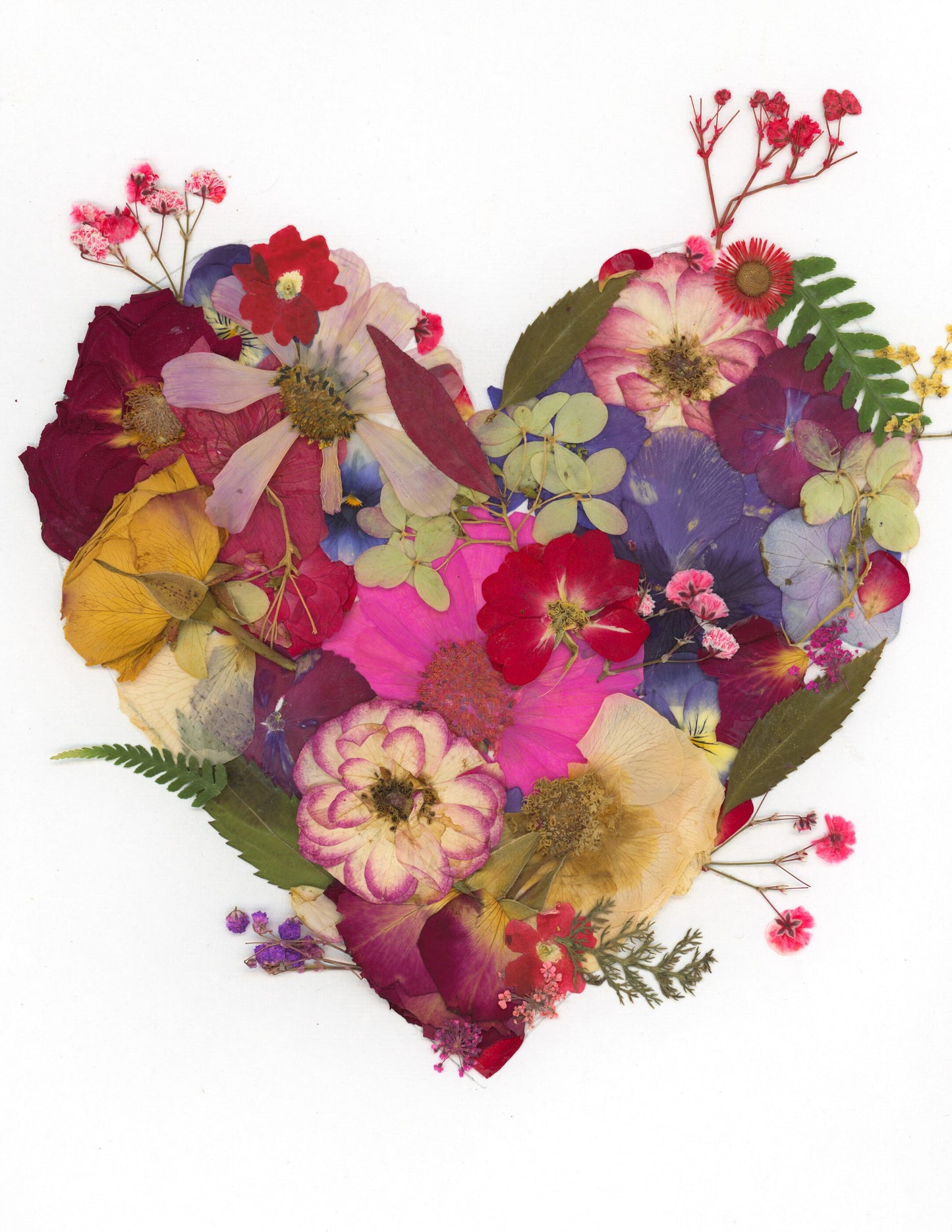 Pressed flower heart greeting card, PRINT,  floral collage heart, whimsical greeting card made with real flowers print, blank greeting card