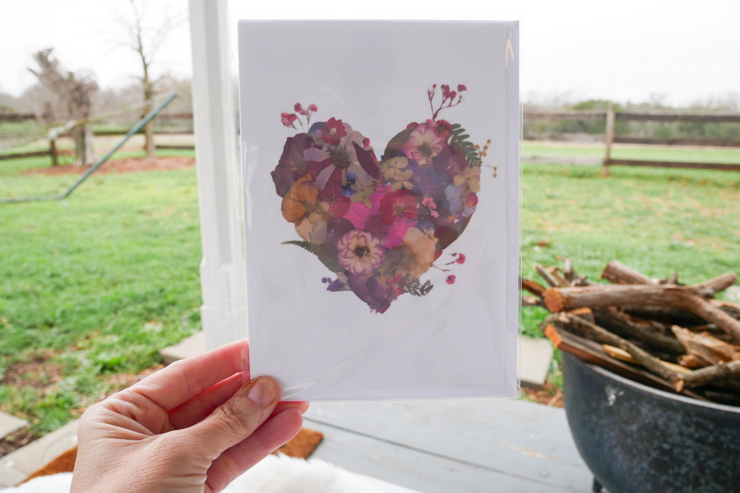 Pressed flower heart greeting card, PRINT,  floral collage heart, whimsical greeting card made with real flowers print, blank greeting card