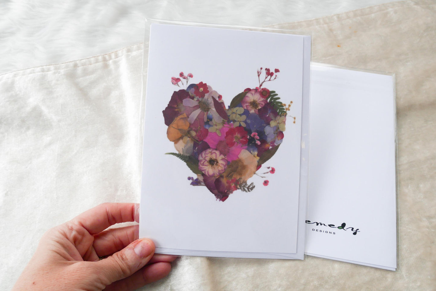 Pressed flower heart greeting card, PRINT,  floral collage heart, whimsical greeting card made with real flowers print, blank greeting card