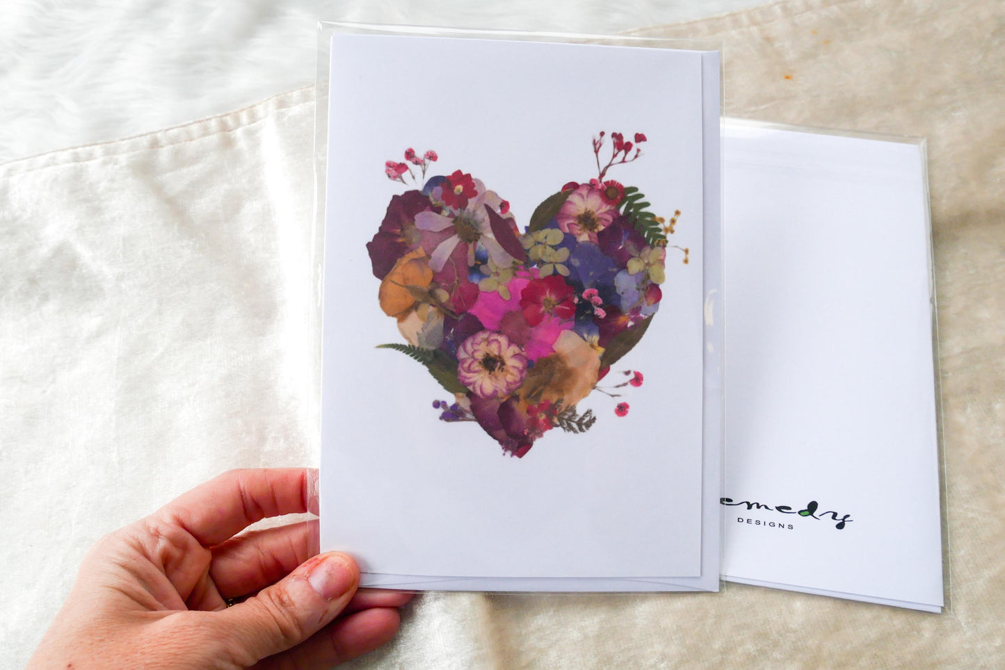 Pressed flower heart greeting card, PRINT,  floral collage heart, whimsical greeting card made with real flowers print, blank greeting card