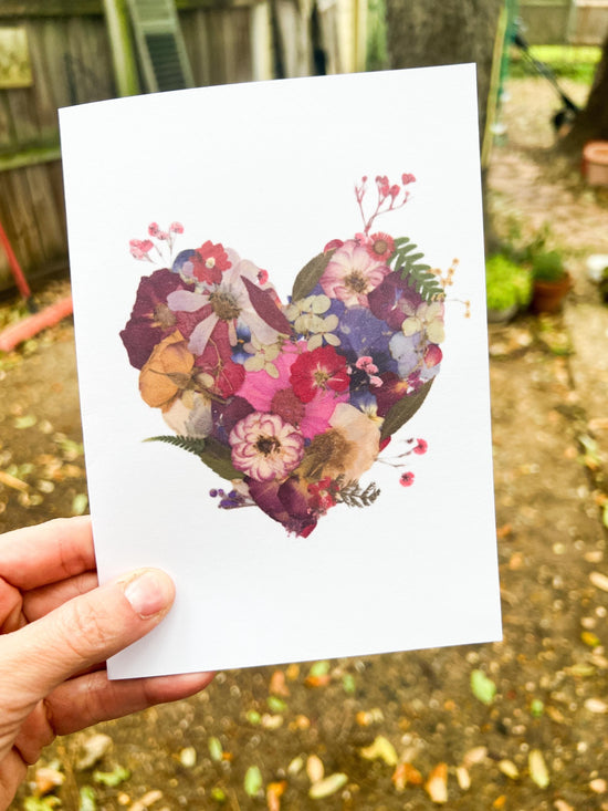 Pressed flower heart greeting card, PRINT,  floral collage heart, whimsical greeting card made with real flowers print, blank greeting card