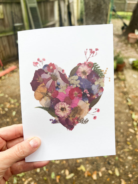 Pressed flower heart greeting card, PRINT,  floral collage heart, whimsical greeting card made with real flowers print, blank greeting card